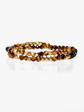18k Vermeil Set Of Three Tiger Eye and Mother Of Pearl Stretch Bracelet